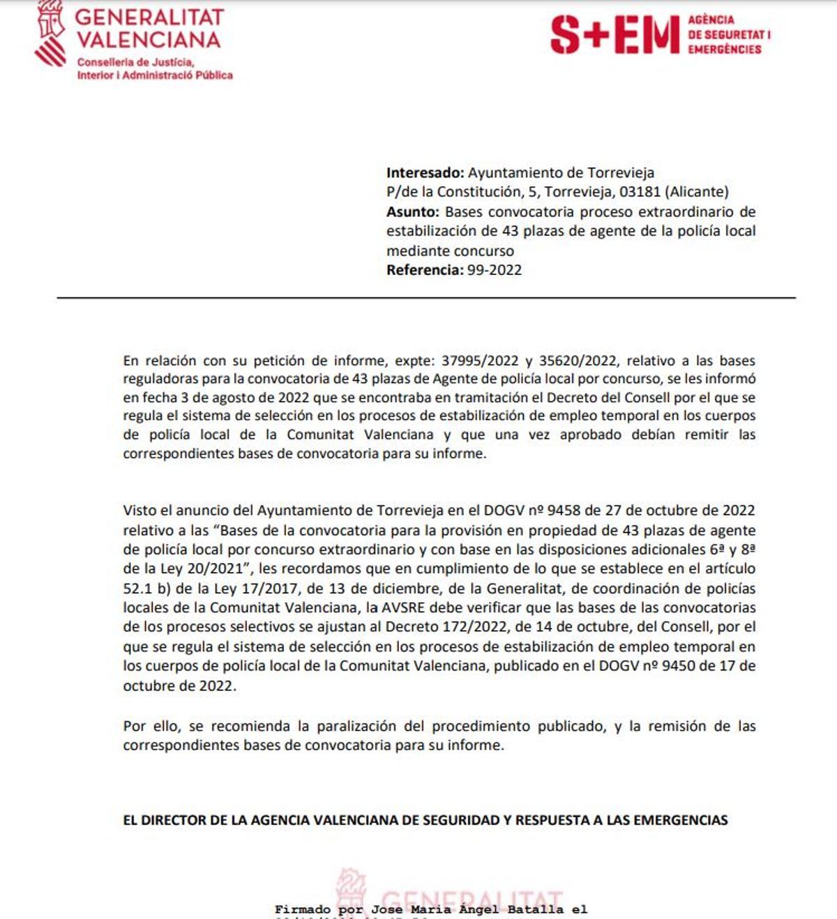 Requerimiento de la Generalitat a la Concejalía de la Personal que no atendió el Ayuntamiento