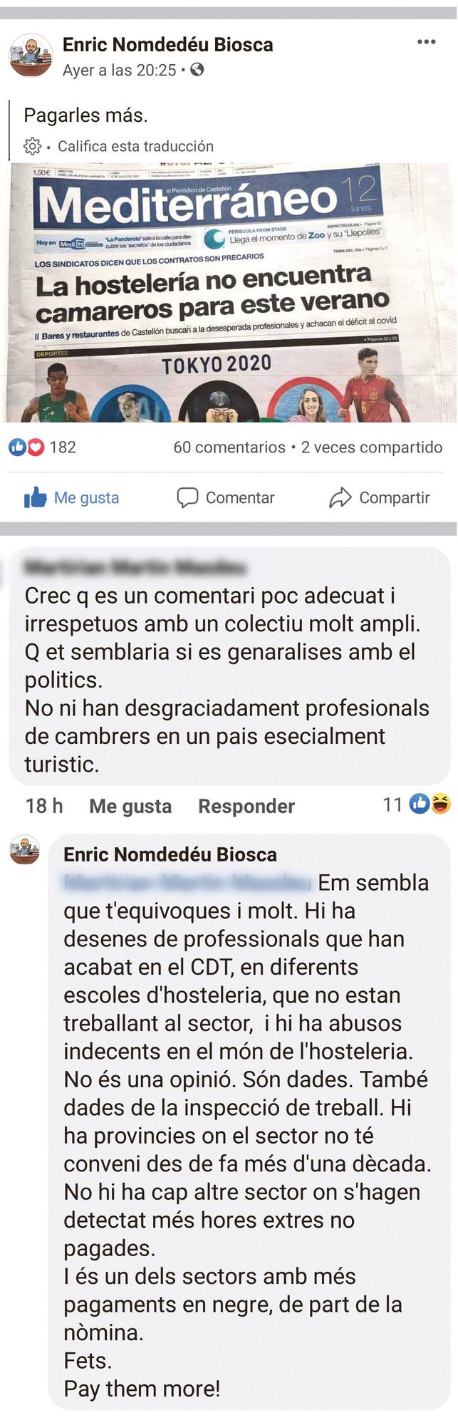 Captura de la publicación de Nomdedéu y de los comentarios.