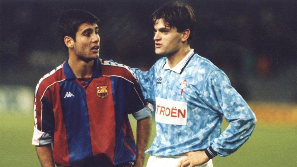 Josep Guardiola (izquierda) y Tito Vilanova en el Barça Celta de la Liga 1992/93 disputado en el Camp Nou el 3 de enero de 1993