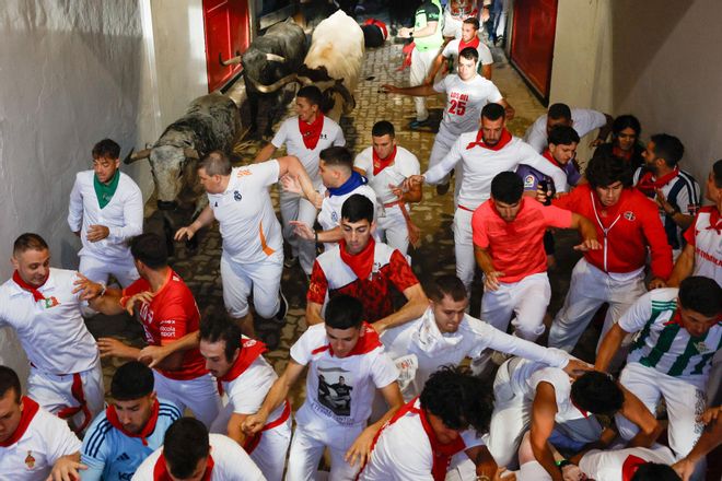 PAMPLONA, 08/07/2025.- Varios corredores son perseguidos por los toros de la ganadería Cebada Gago en el acceso a la Plaza de Toros durante el segundo encierro de los Sanfermines este martes, en Pamplona. EFE/ Villar López