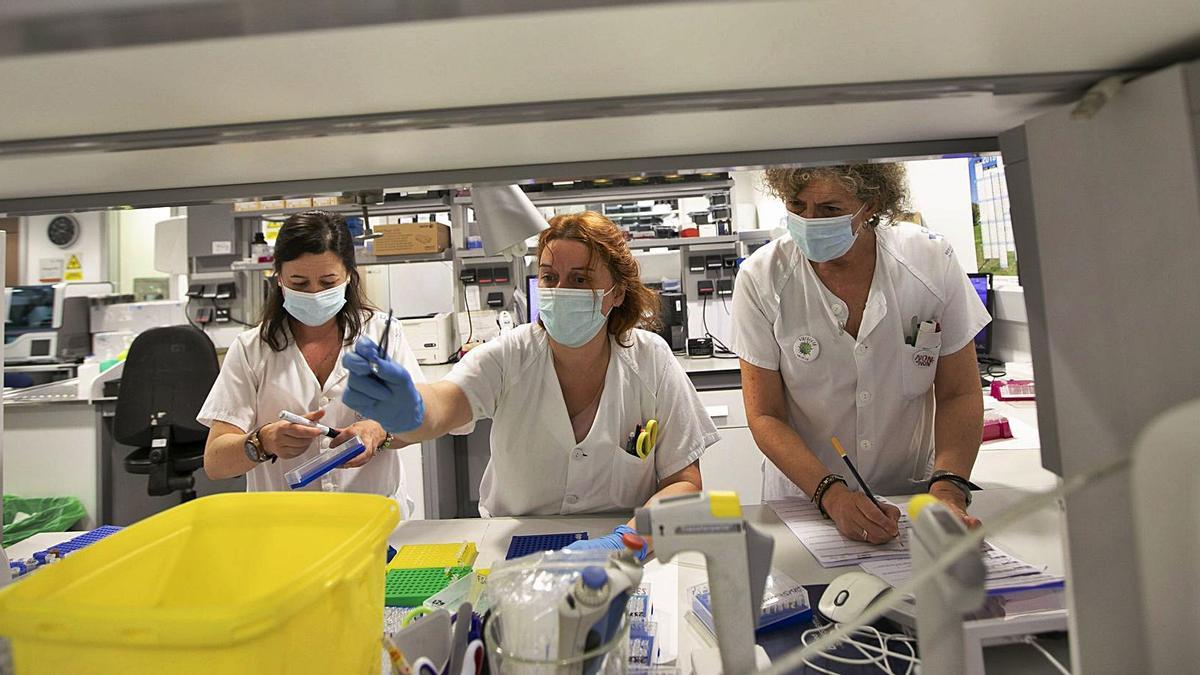 De izquierda a derecha, Ana Isabel Fidalgo, Isabel Cuevas y María José Ferrero, técnicas del laboratorio de Virología del HUCA. | Miki López
