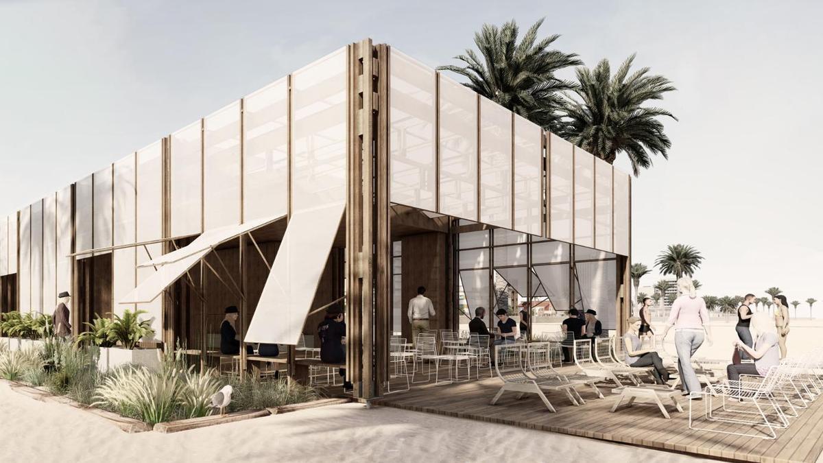 Recreación de los grandes y «sostenibles» chiringuitos que Gandia pidió instalar a Costas.