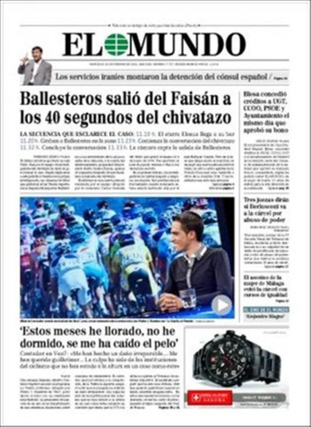 A dins, ’El Mundo’ destaca que el Ministeri de Defensa pressiona perquè els militars no s’afiliïn als partits, una possibilitat que prenia força al Congrés en forma d’una modificació de la llei vigent; que Homs justifica que el Govern dels millors fitxi familiars; que Zapatero recula i permet que les nuclears superin els 40 anys; que empreses catalanes entren en la lluita de les aplicacions per a mòbil, i que Montserrat Tura avisa que les retallades a la L-9 que planeja el Govern poden allunyar el Mobile World Congress de Barcelona.