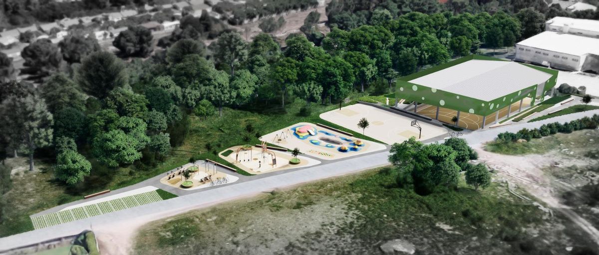 El proyecto presentado ayer por Cacabelos. A la derecha aparecen el pabellón, con la simulación de la cubierta, y el instituto. | // FDV