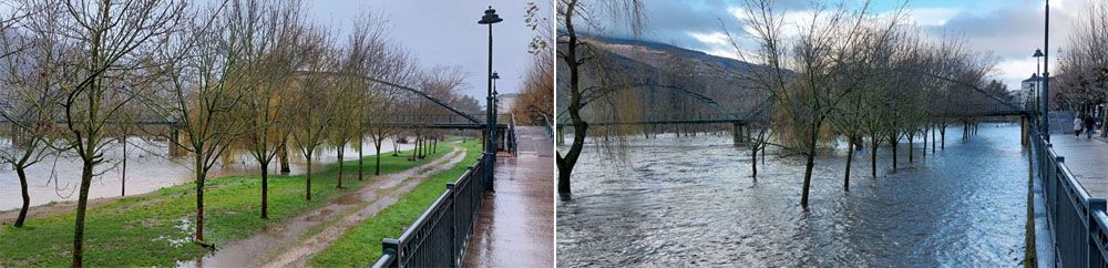 Imágenes del río Sil a su paso por O Barco tomadas ayer (izquierda) y hoy (derecha).