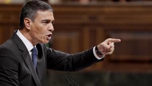 El presidente del Gobierno, Pedro Sánchez, durante su intervención este miércoles en el pleno del Congreso.
