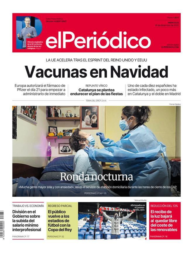La portada d’EL PERIÓDICO del 16 de desembre del 2020