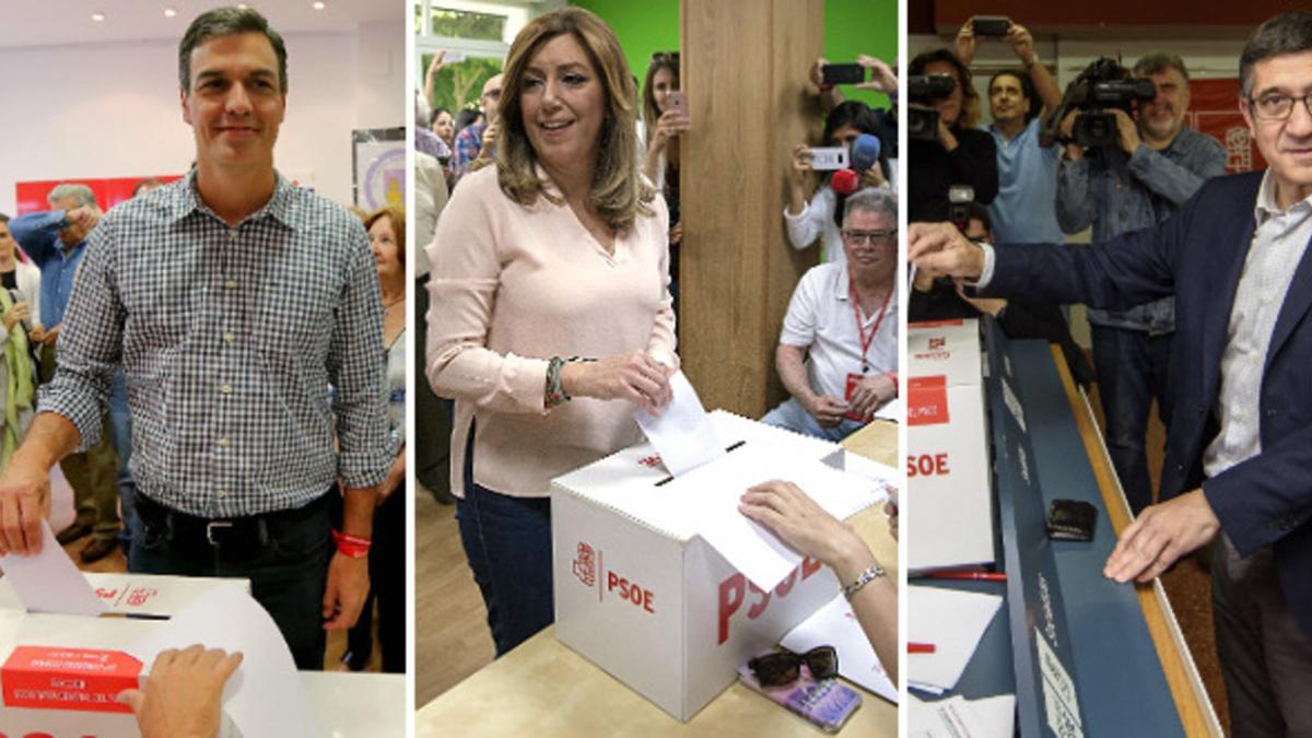 Pedro Sánchez, Susana Díaz y Patxi López, en el momento de votar en las primarias del PSOE, este domingo