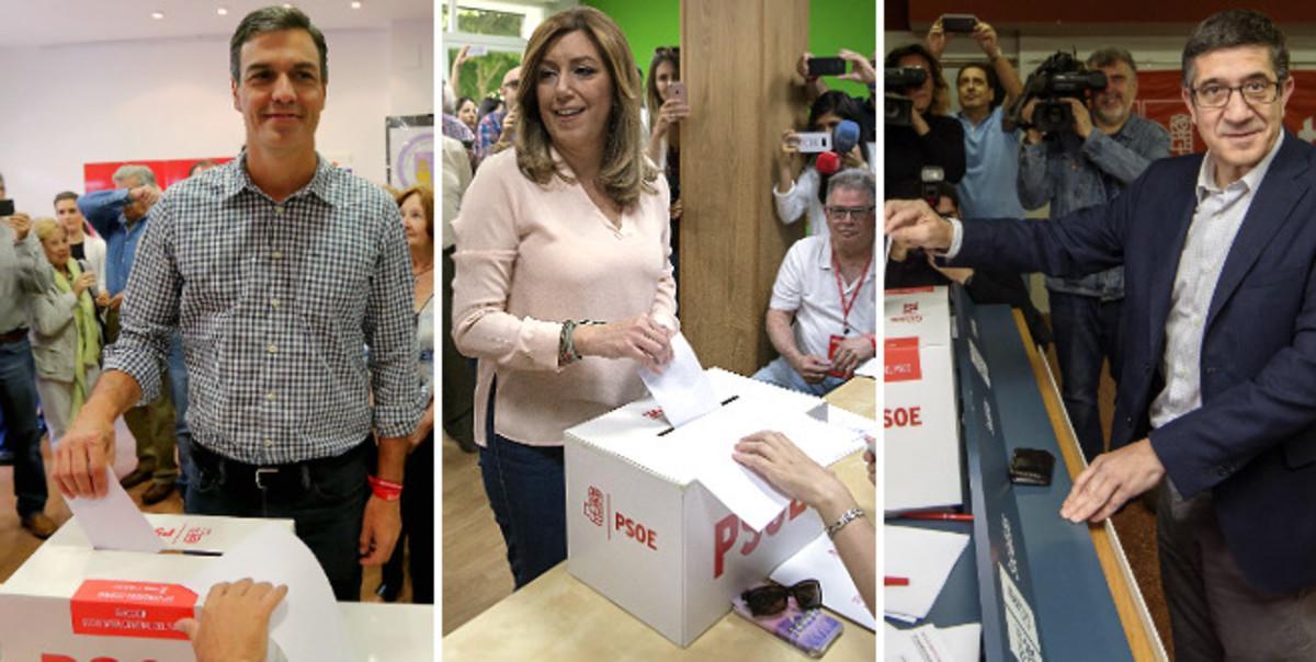 Pedro Sánchez, Susana Díaz y Patxi López, en el momento de votar en las primarias del PSOE, este domingo.