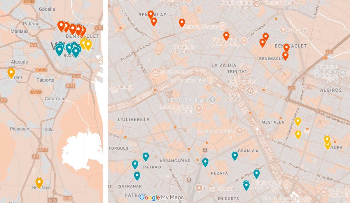 Mapa de distribución de los talleres que participan en Obert Estudis