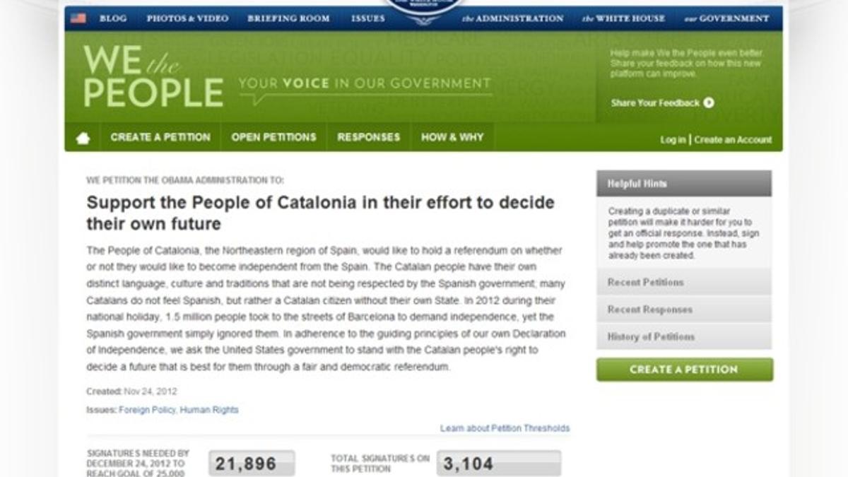 Una petición en la web de la Casa Blanca pide el apoyo del Gobierno norteamericano para el referéndum de Catalunya