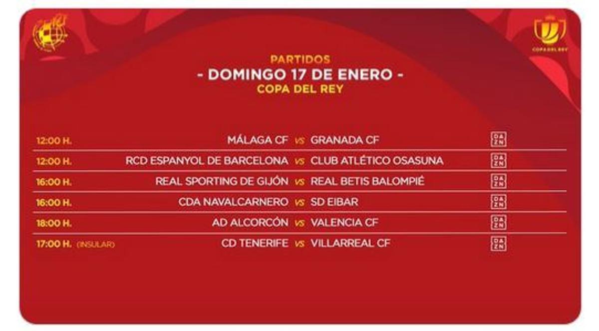 Horario y televisión de los dieciseisavos de final de Copa