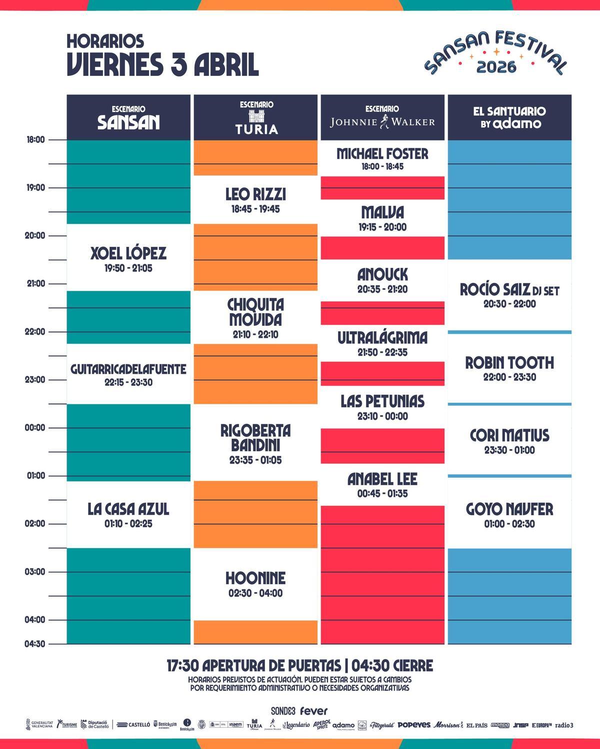 Horarios del viernes 3 de abril
