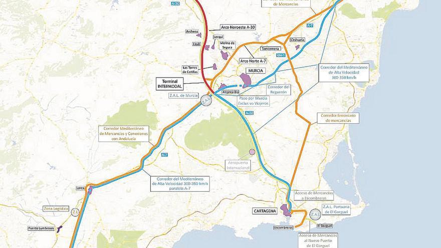 Mapa de los corredores ferroviarios en la Región.