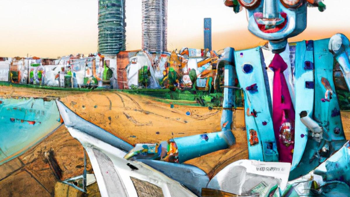 Creación de la IA Dall-E cuando le pides que dibuje a un robot leyendo un periódico en Barcelona.