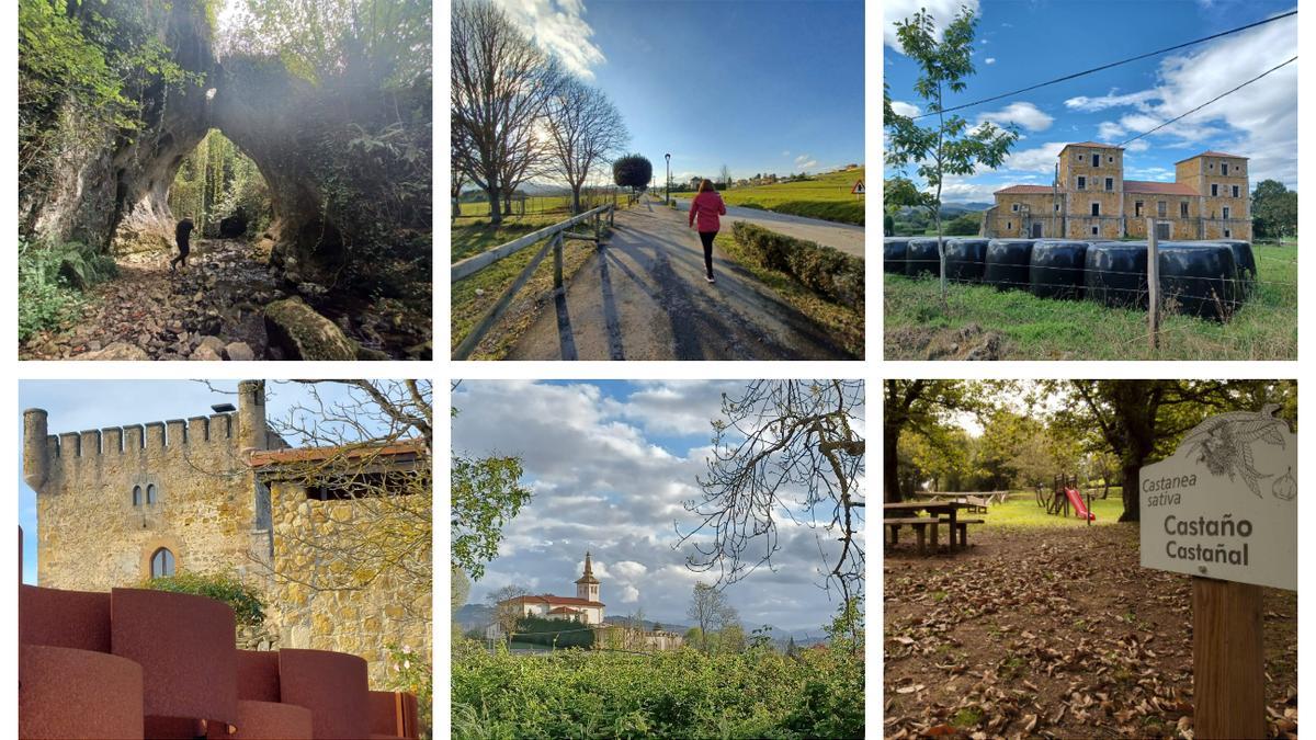 Varias imágenes de paisajes y patrimonio de la propuesta de rutas de Llanera.