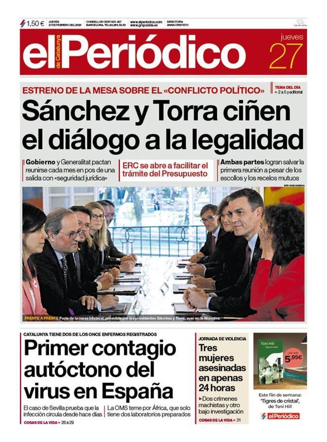 La portada de EL PERIÓDICO del 27 de febrero del 2020.