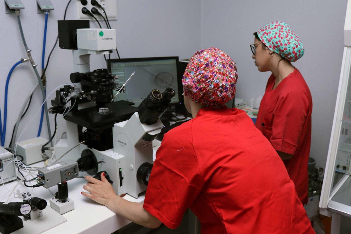 Dos sanitarias observan, con diversos artilugios, una prueba hecha en hematología