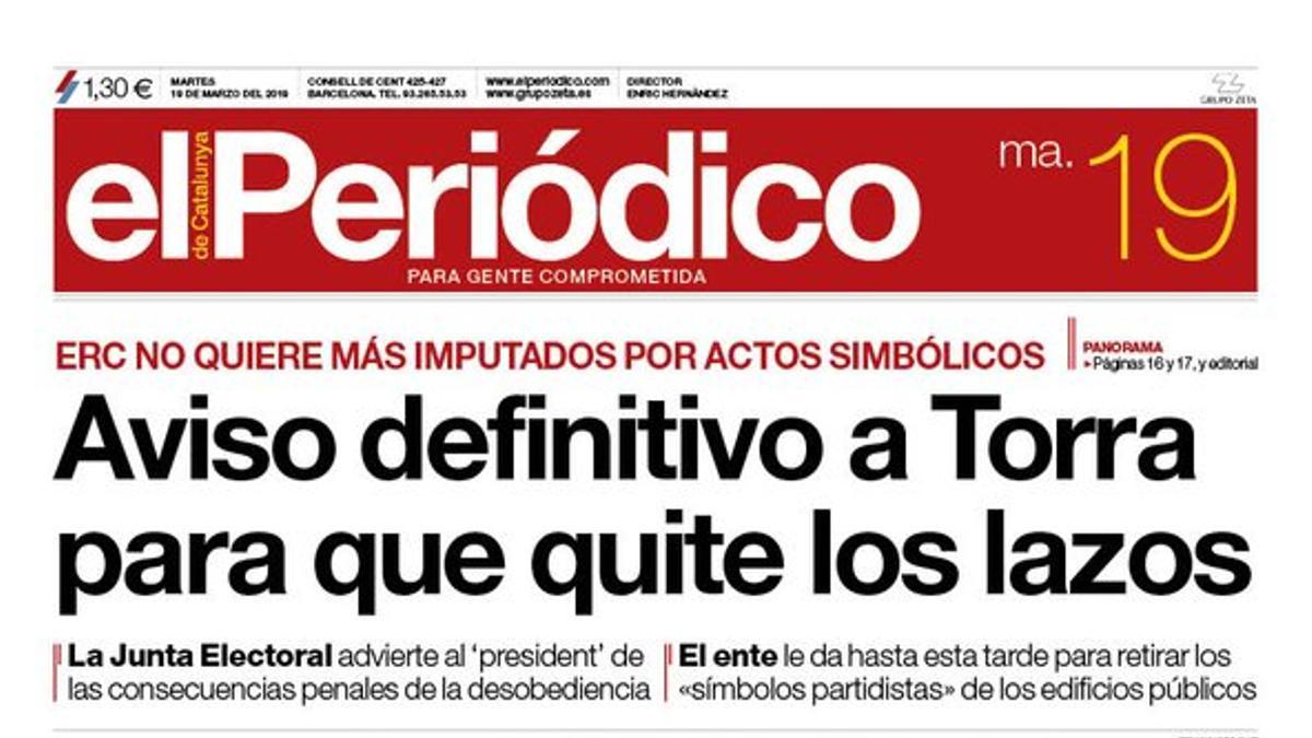 La portada de EL PERIÓDICO del 19 de marzo del 2019