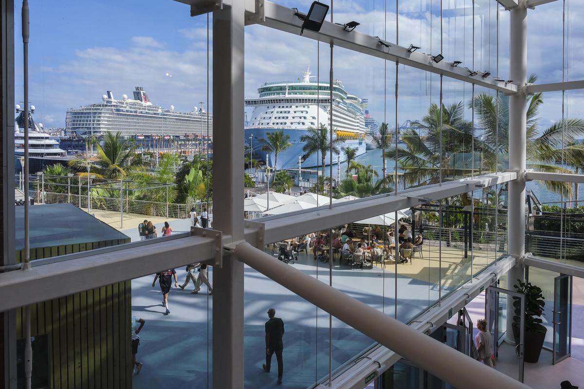Vista de los cruceros en el Muelle Santa Catalina desde el centro comercial El Muelle.