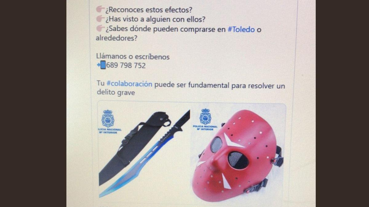 Alerta difundida por la Policía Nacional en sus redes sociales sobre los objetos que supuestamente portaba el asesino.