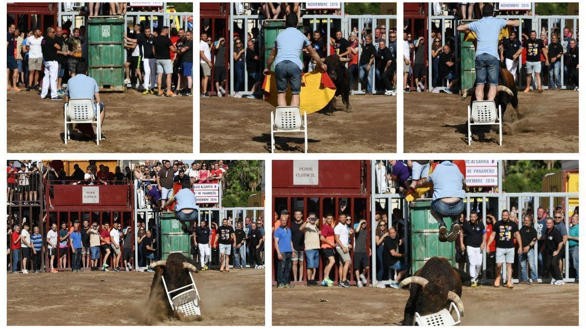 Un &#039;rodaor&#039; espera al toro sentado en una silla y lo salta por encima