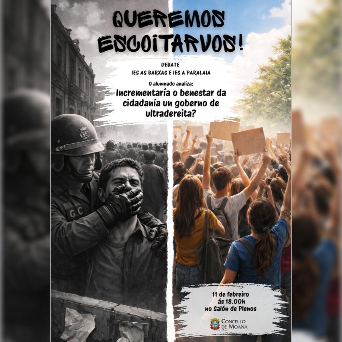 El cartel que anuncia el debate en Moaña.