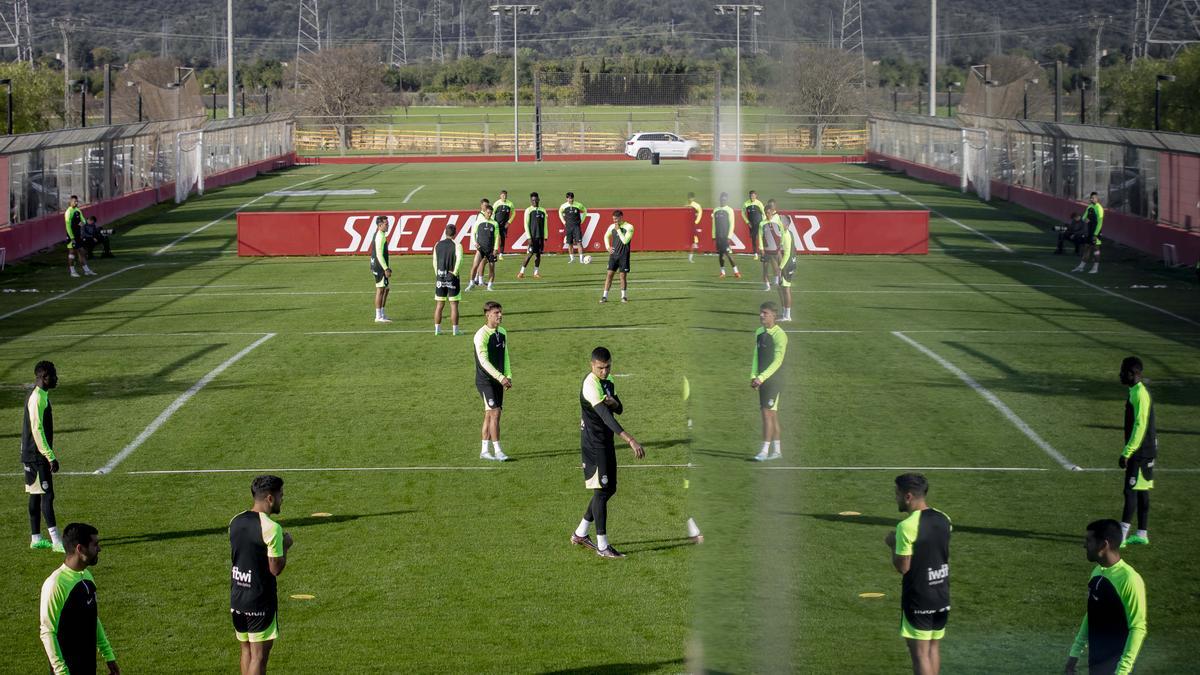 Los jugadores del Mallorca entrenando en la Ciudad Deportiva, en Son Bibiloni