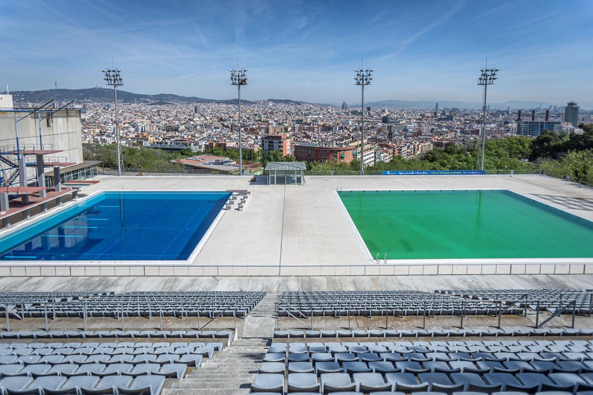 Piscina de saltos de Montjuïc sobre el futuro Institut d'Esport, cuyos alumnos no podrán utilizarla al estar privatizada.