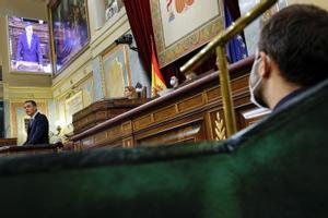 Pedro Sánchez, en la tribuna del Congreso durante su intervención.