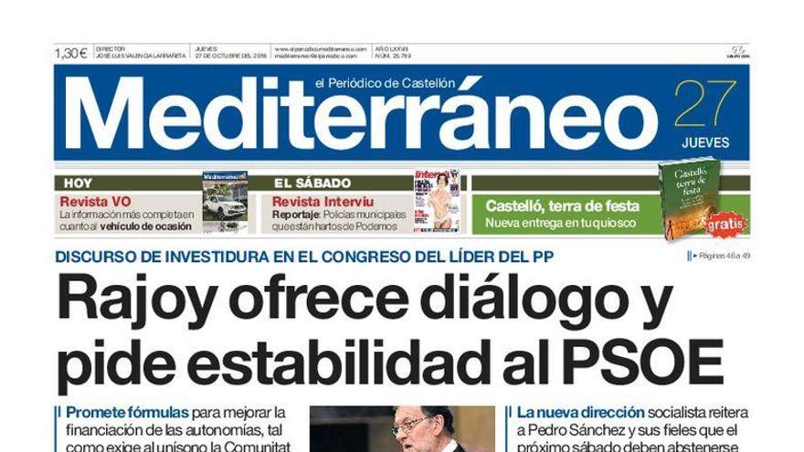 Rajoy ofrece diálogo y pide estabilidad al PSOE, en la portada de Mediterráneo