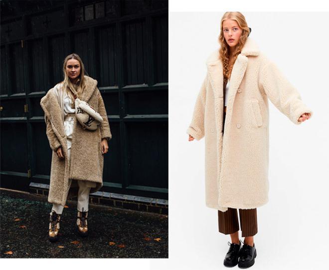 Abrigos de borreguito: look visto en el 'street style' de Londres y diseño 'teddy' de Monki