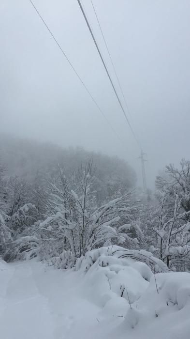 Los operarios reparan líneas de alta tensión en mitad del temporal de nieve.