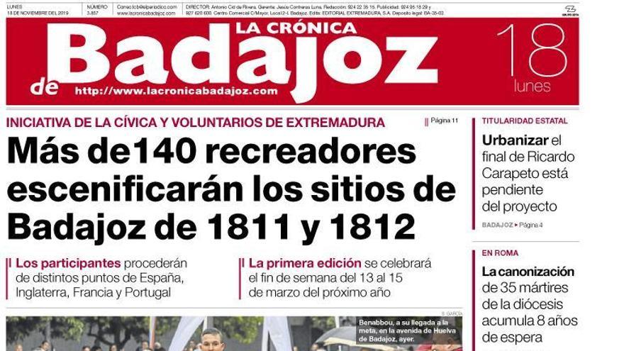 Esta es la portada de LA CRÓNICA DE BADAJOZ correspondiente al día 18 de noviembre del 2019