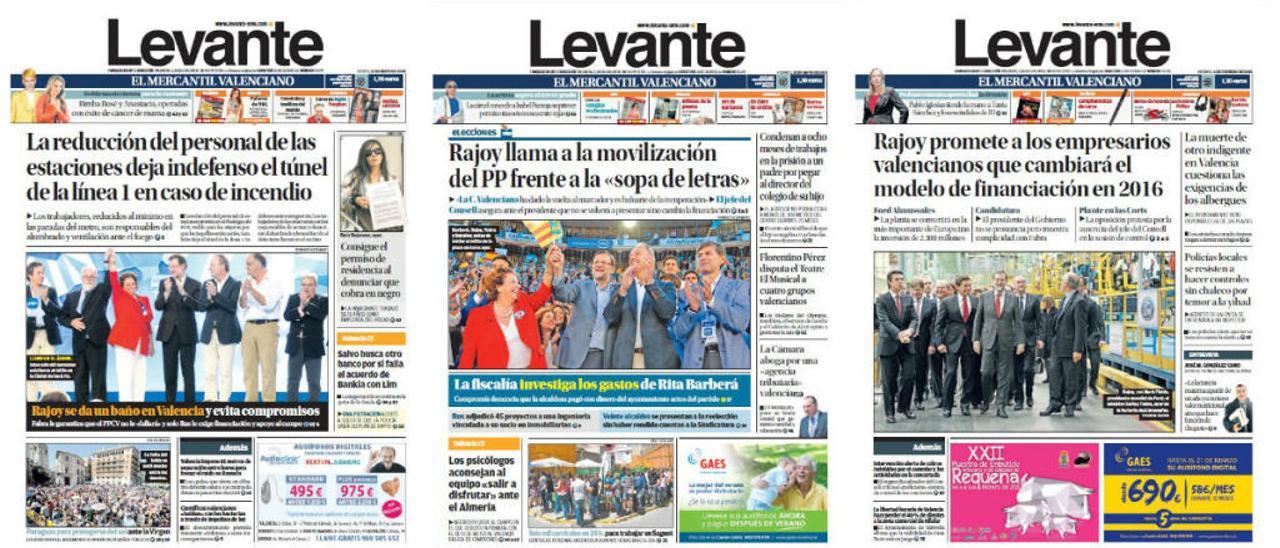 Portadas de Levante-EMV en las que se aprecia la relación entre los líderes del PP