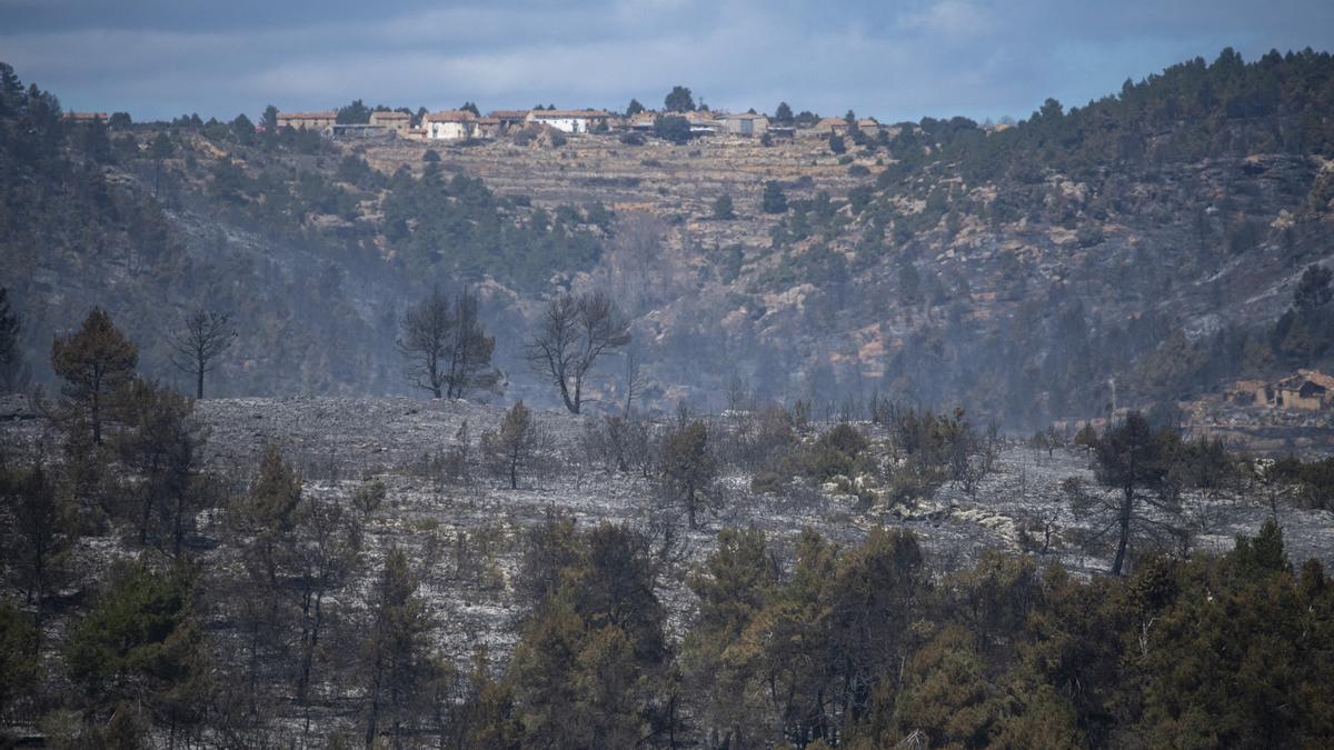 El primer gran incendio del año. El fuego se inició en Castellón y las llamas entraron a Aragón y afectaron a Olba.