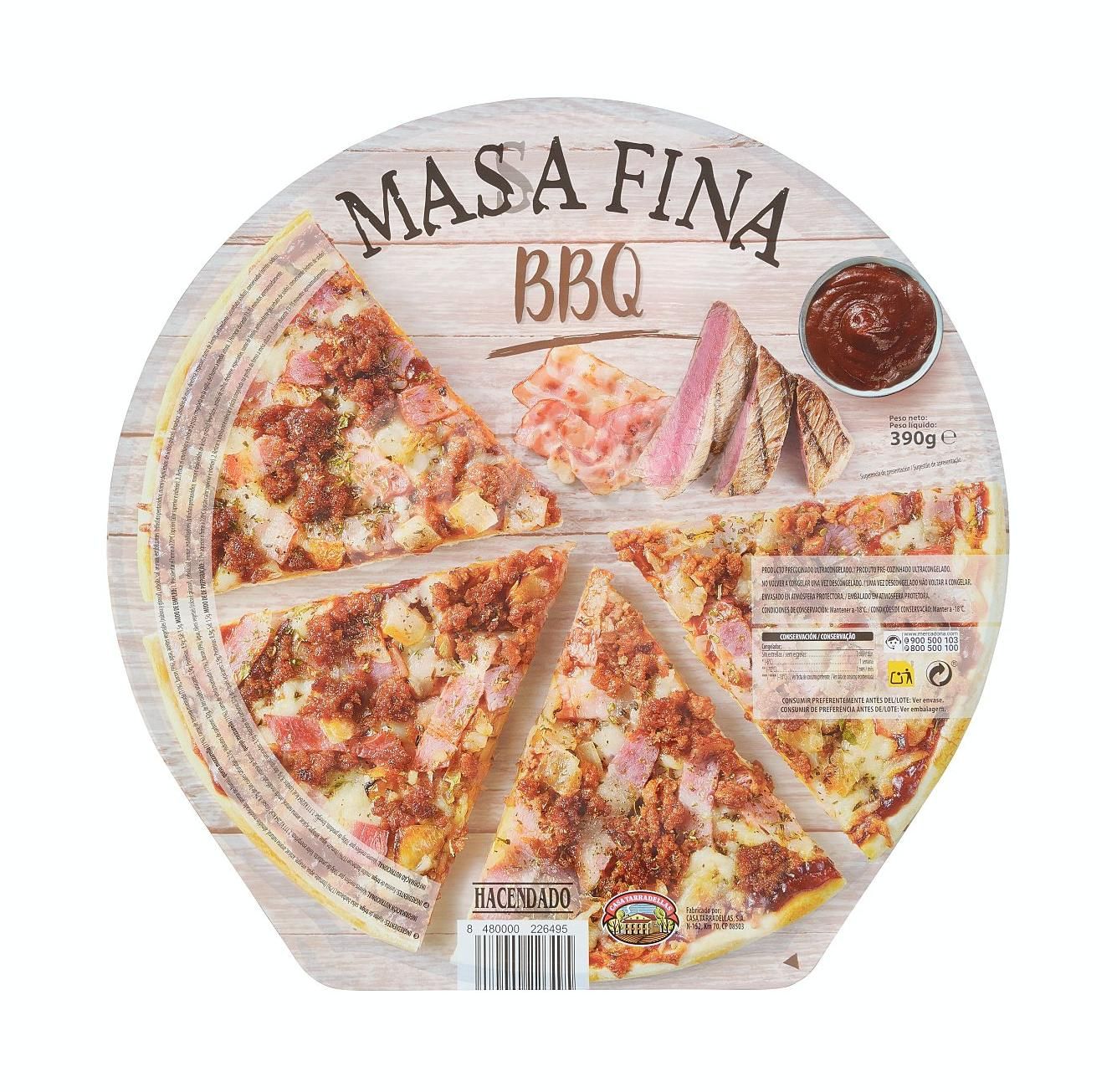 Pizza congelada sabor barbacoa de masa fina de Hacendado.