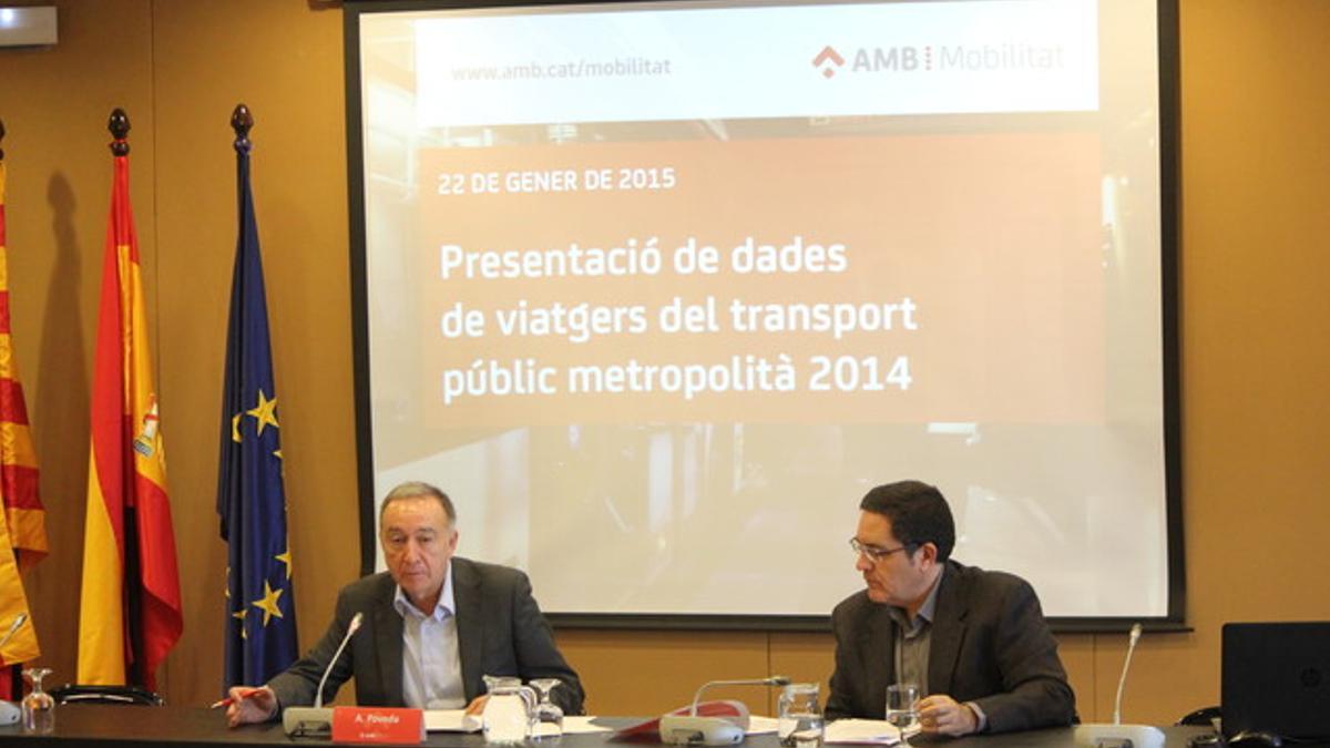 El vicepresidente de transporte y movilidad del Área Metropolitana de Barcelona, Antoni Poveda, durante la presentación de los resultados del transporte público metropolitano.