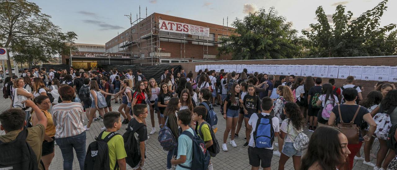 Alumnos consultando las listas en la calle el pasado lunes, antes de entrar el IES de Torrellano.