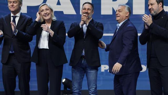 Geert Wilders, Marine Le Pen, Santiago Abascal, Viktor Orbán i Matteo Salvini, el febrer del 2025. | SERGIO PÉREZ / EFE