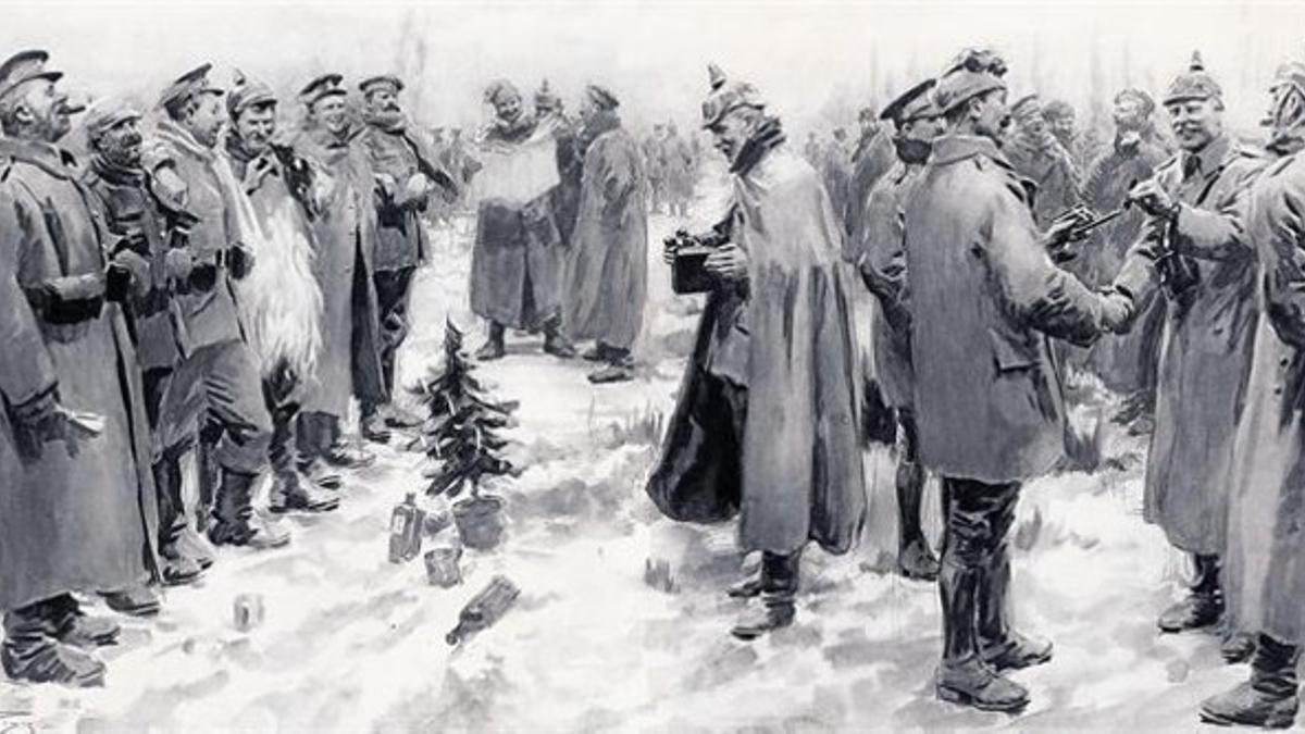 ASÍ DEBIÓ DE SER.Dibujo de la tregua en la que 'tommies' y 'fritz' se dieron la mano, en diciembre de 1914, según un dibujo publicado en 'The Illustrated London News',el 9 de enero de 1915.