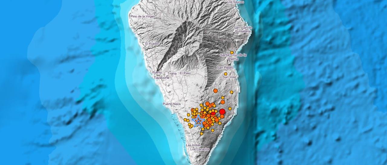 Localización de terremotos de los últimos tres días de vigilancia del volcán de La Palma.