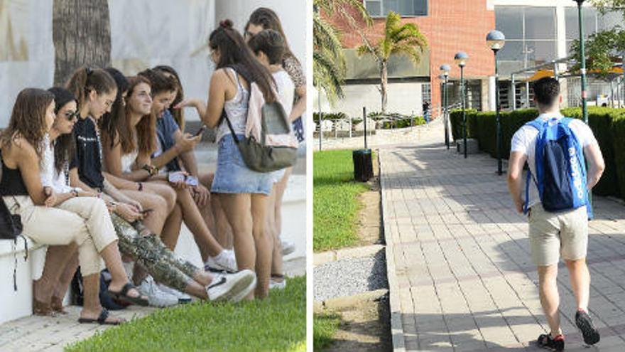 A la izquierda alumnos en el campus de la UA y a la derecha en el de la UMH