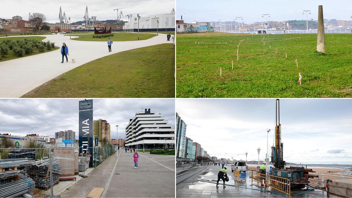 Arriba, a la izquierda, paseantes por el acondicionado espacio de Naval Azul: a la derecha, primeros trabajos en la futura playa verde del Rinconín. A bajo, a la izquierda, zona de crecimiento del Arbeyal, con el Santa Olaya a la izquierda; a la derecha, operarios en una de las catas en el muro de San Lorenzo.