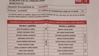 La lista con los nombres marcados para saber a quién votar que circula en el PSOE de Alicante