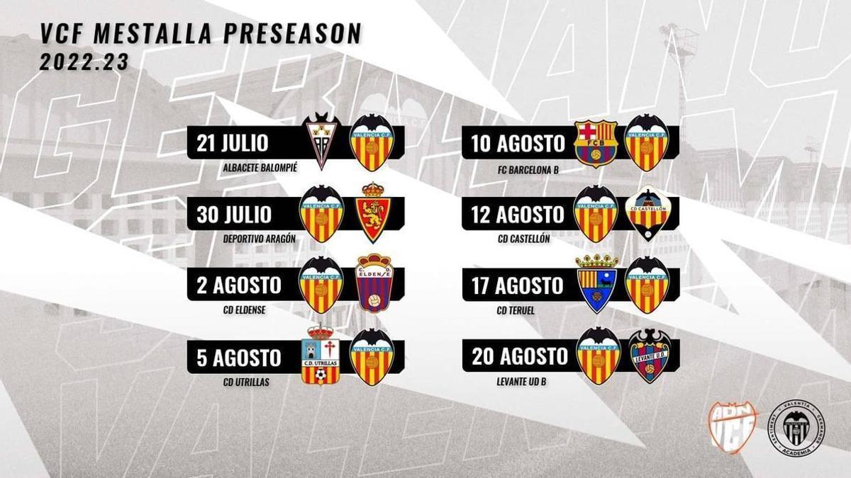 Calendario de pretemporada del Valencia CF Mestalla.