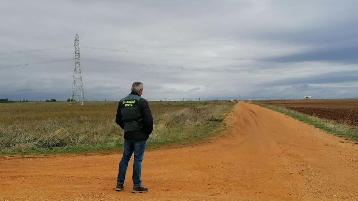 La Guardia Civil junto al camino donde la víctima sufrió el ataque, con la caravana del pastor al fondo.