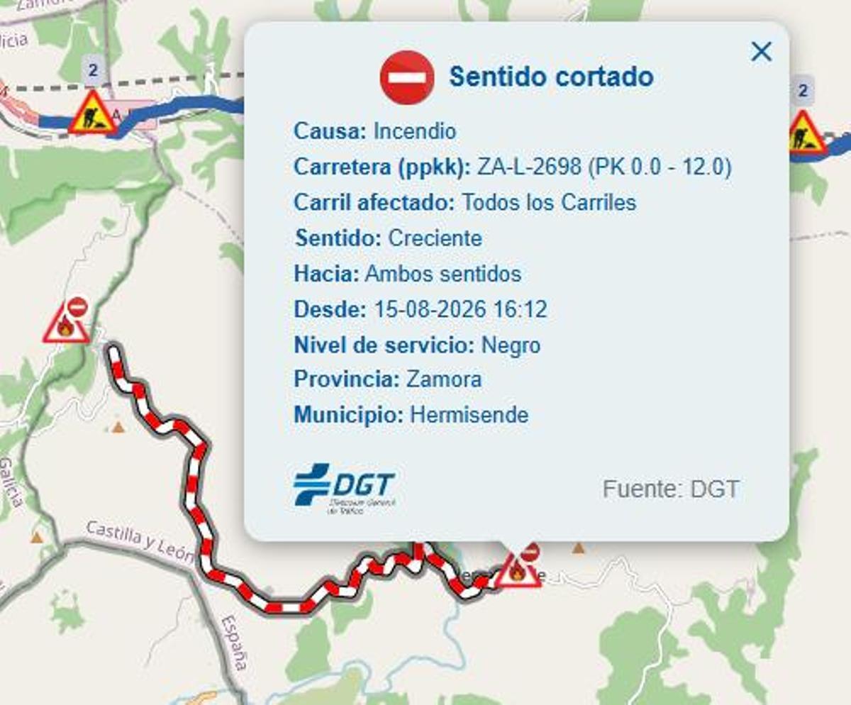Corte de carretera por el incendio de Hermisende.