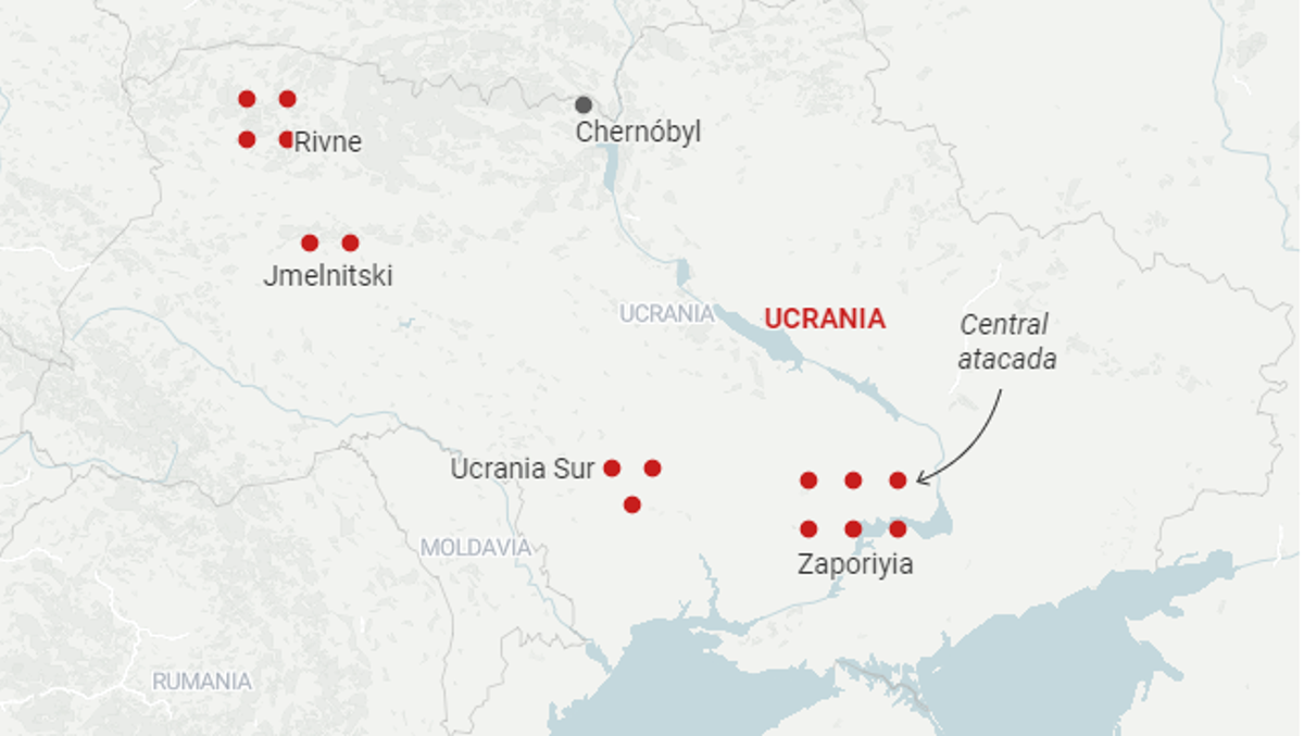 Mapa de las centrales nucleares en Ucrania.