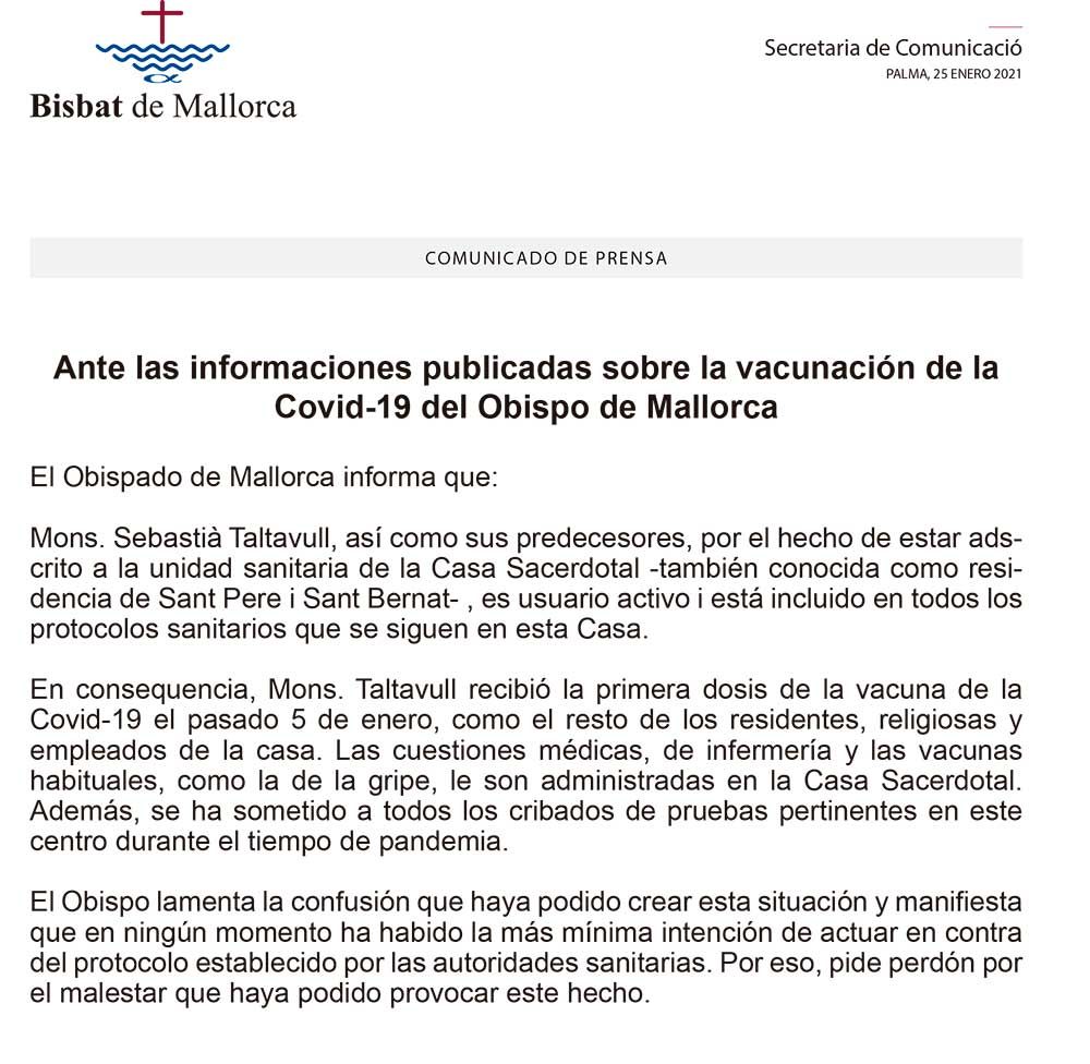 Comunicado de prensa por la vacunación del obispo de Mallorca.